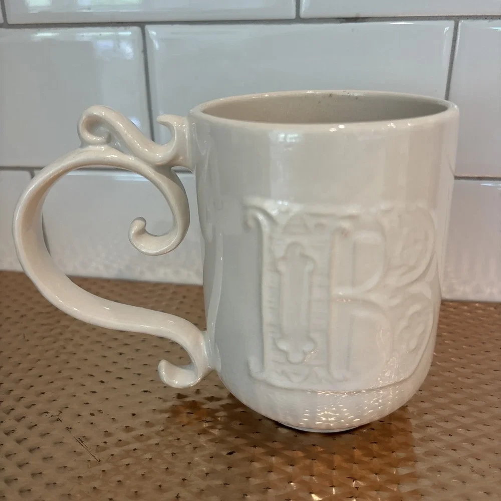 Pottery Barn A-Z Monogram Raised Letter B Coffee Tea Cup Mug Ornate Handle Ivory